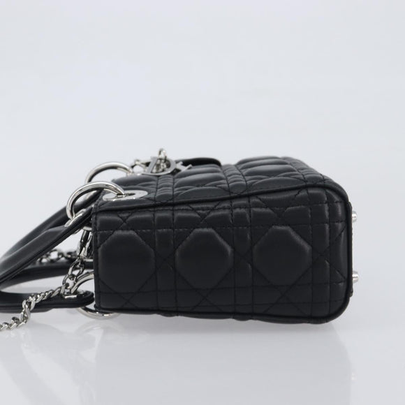Christian Dior Lady Dior Hand Bag Lamb Skin 2way Black Silver Auth BA14814SM