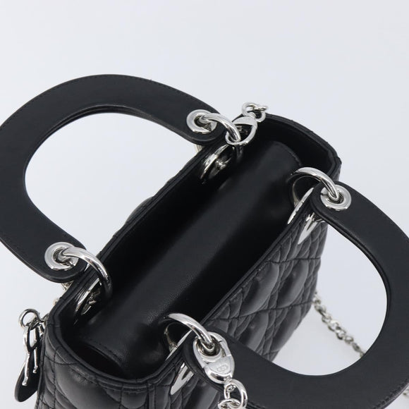 Christian Dior Lady Dior Hand Bag Lamb Skin 2way Black Silver Auth BA14814SM