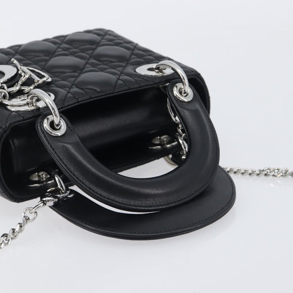 Christian Dior Lady Dior Hand Bag Lamb Skin 2way Black Silver Auth BA14814SM