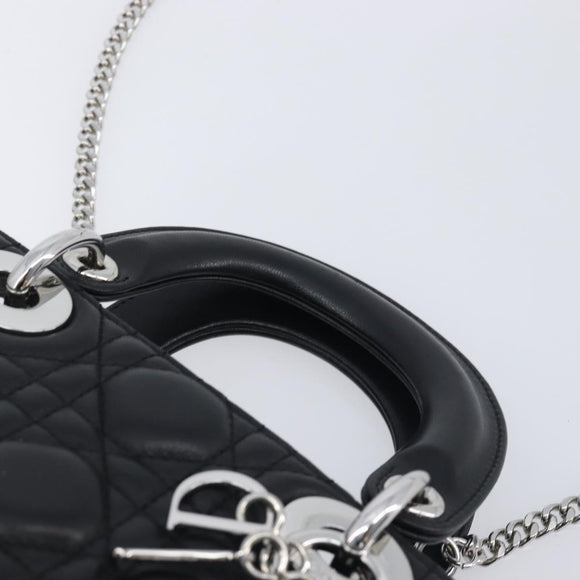Christian Dior Lady Dior Hand Bag Lamb Skin 2way Black Silver Auth BA14814SM