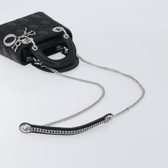 Christian Dior Lady Dior Hand Bag Lamb Skin 2way Black Silver Auth BA14814SM