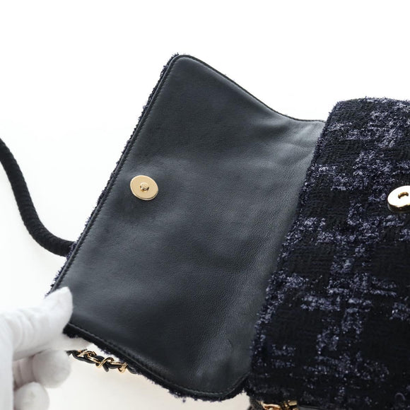 CHANEL Chain Shoulder Bag Tweed Black Gold Tone CC Auth BA14816SM