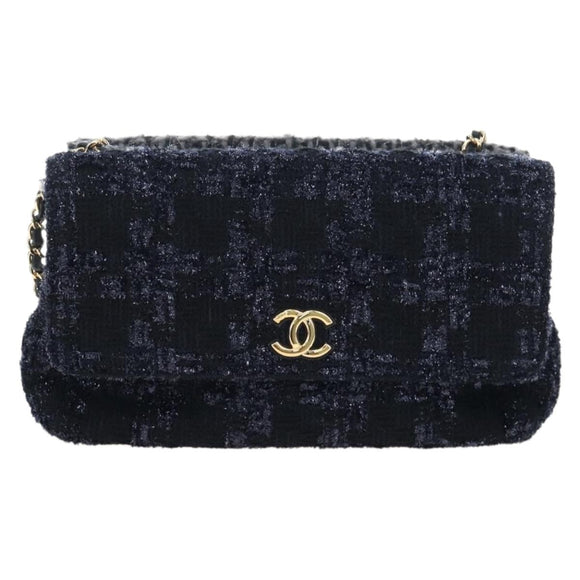CHANEL Chain Shoulder Bag Tweed Black Gold Tone CC Auth BA14816SM