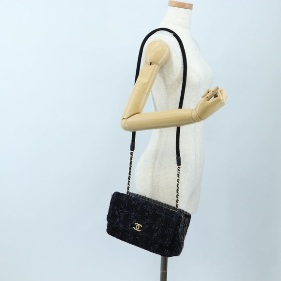 CHANEL Chain Shoulder Bag Tweed Black Gold Tone CC Auth BA14816SM