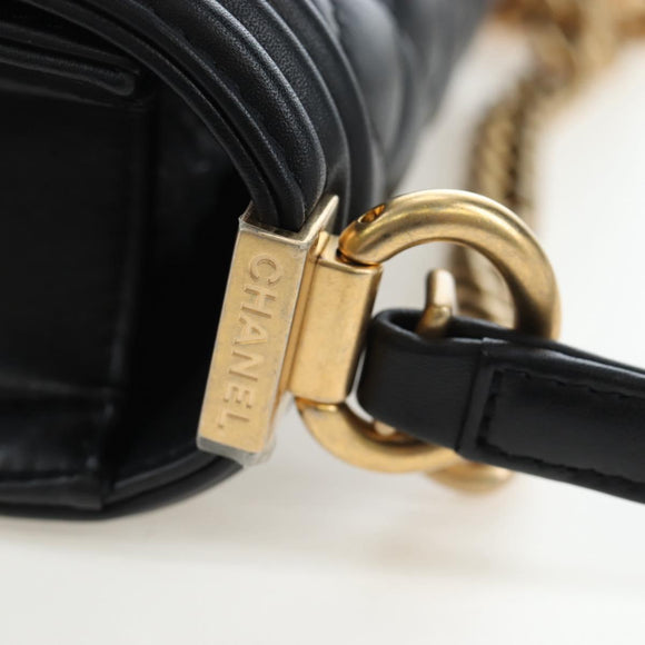 CHANEL Boy Chanel Chain Shoulder Bag Lamb Skin Black Gold CC Auth BA14817SAM