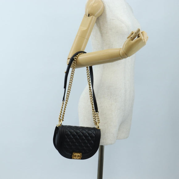 CHANEL Boy Chanel Chain Shoulder Bag Lamb Skin Black Gold CC Auth BA14817SAM