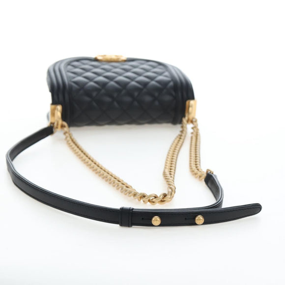 CHANEL Boy Chanel Chain Shoulder Bag Lamb Skin Black Gold CC Auth BA14817SAM