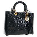 Christian Dior Lady Dior Hand Bag Patent 2way Black Gold Tone Auth BA14818V-1