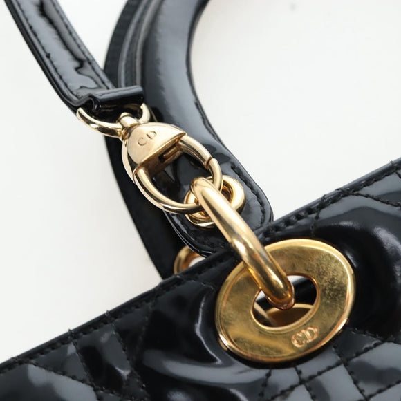 Christian Dior Lady Dior Hand Bag Patent 2way Black Gold Tone Auth BA14818V