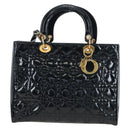 Christian Dior Lady Dior Hand Bag Patent 2way Black Gold Tone Auth BA14818V-2