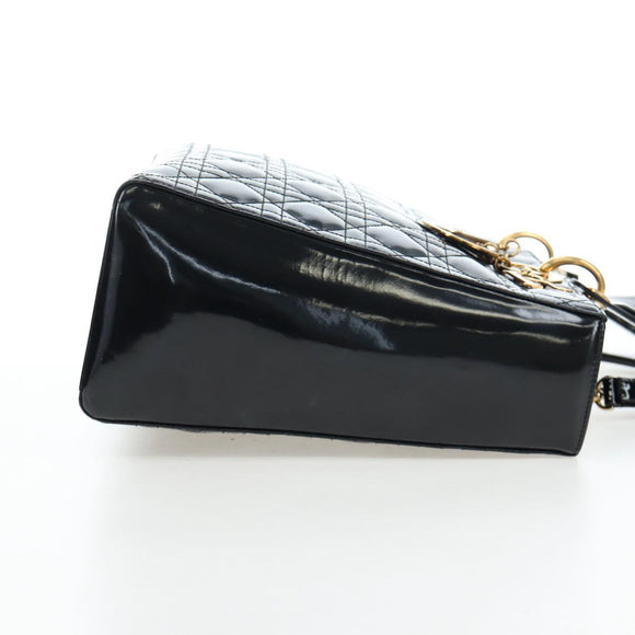 Christian Dior Lady Dior Hand Bag Patent 2way Black Gold Tone Auth BA14818V