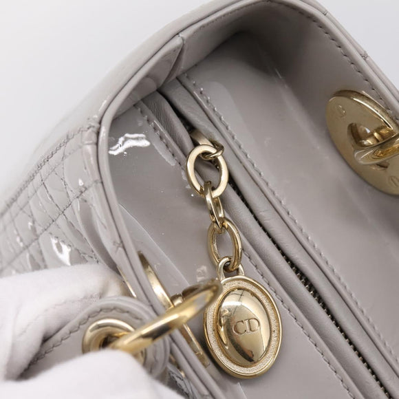 Christian Dior Lady Dior Hand Bag Patent 2way Gray Gold Auth BA14819SAM