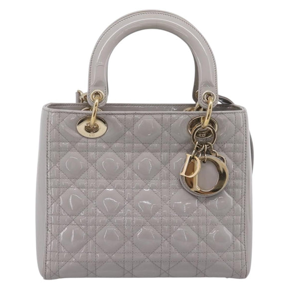 Christian Dior Lady Dior Hand Bag Patent 2way Gray Gold Auth BA14819SAM