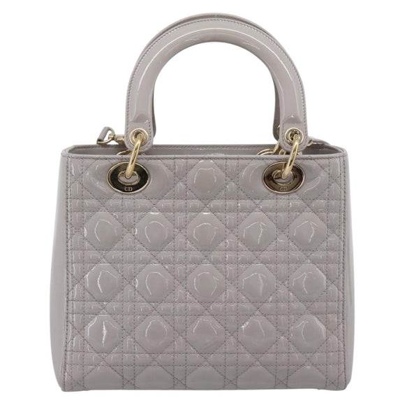 Christian Dior Lady Dior Hand Bag Patent 2way Gray Gold Auth BA14819SAM