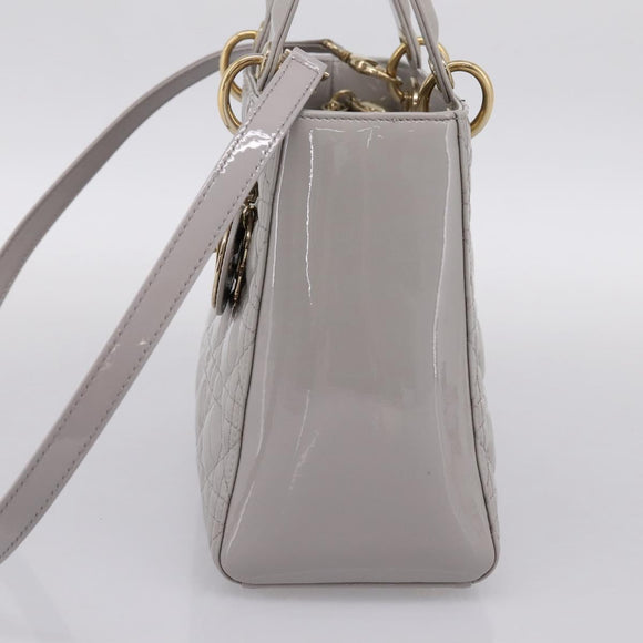 Christian Dior Lady Dior Hand Bag Patent 2way Gray Gold Auth BA14819SAM