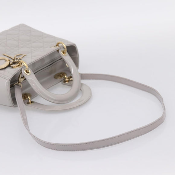 Christian Dior Lady Dior Hand Bag Patent 2way Gray Gold Auth BA14819SAM