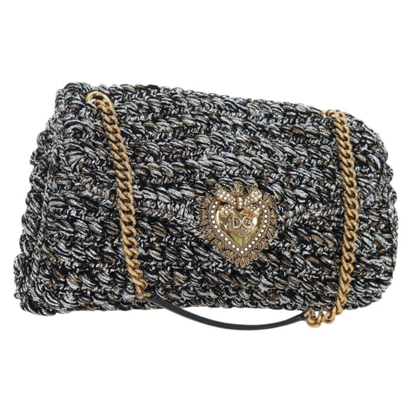 DOLCE&GABBANA Devotion Chain Shoulder Bag Tweed Black Gold Tone Auth BA14821SAM