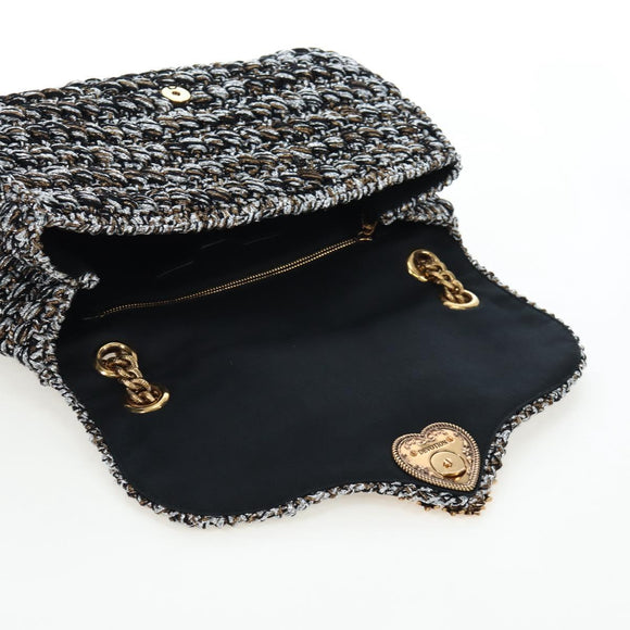 DOLCE&GABBANA Devotion Chain Shoulder Bag Tweed Black Gold Tone Auth BA14821SAM