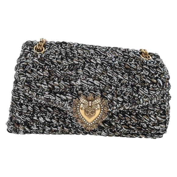 DOLCE&GABBANA Devotion Chain Shoulder Bag Tweed Black Gold Tone Auth BA14821SAM