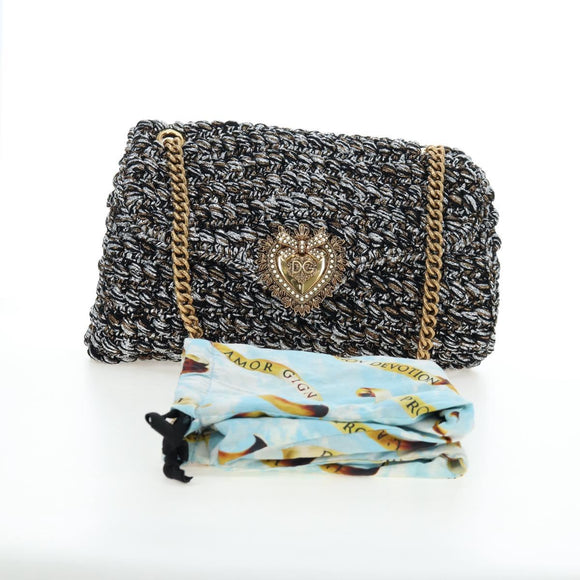 DOLCE&GABBANA Devotion Chain Shoulder Bag Tweed Black Gold Tone Auth BA14821SAM