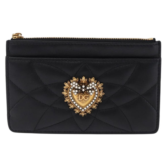 DOLCE&GABBANA Devotion Card Holder Medium Leather Black Gold Tone Auth BA14822V