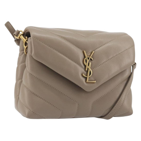 SAINT LAURENT Lulu Shoulder Bag Leather Beige Gold Tone 467072 Auth BA14823V