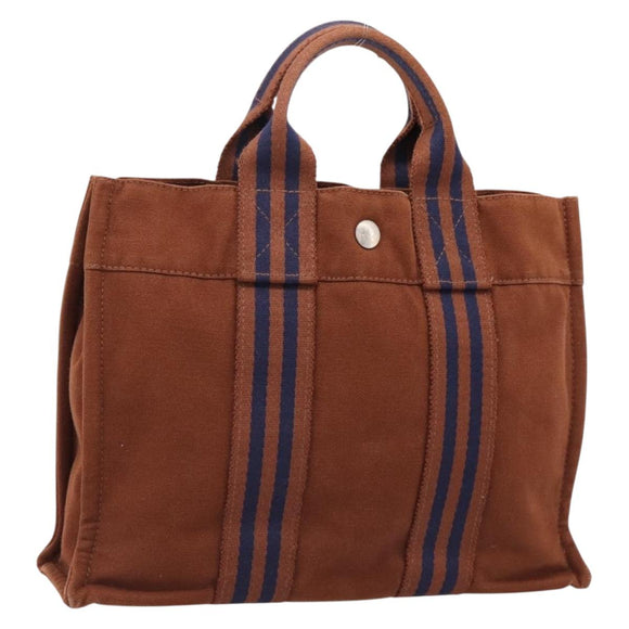 HERMES Fourre Tout PM Hand Bag cotton Brown Silver Auth BA14842