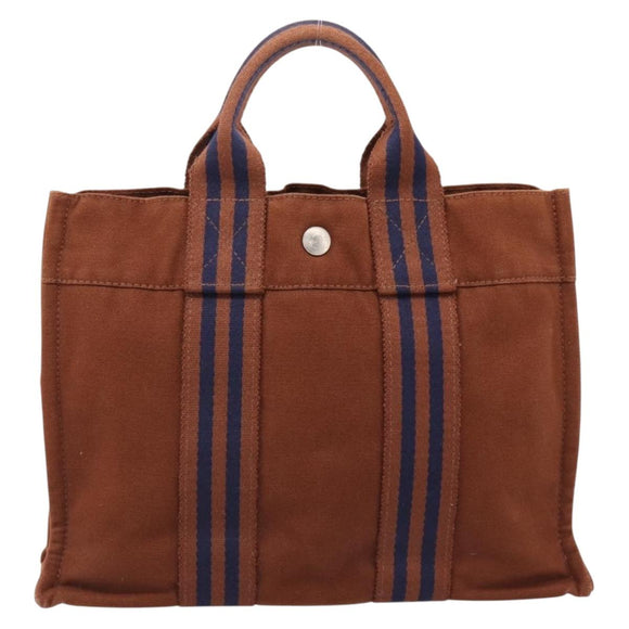 HERMES Fourre Tout PM Hand Bag cotton Brown Silver Auth BA14842