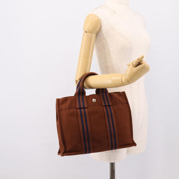 HERMES Fourre Tout PM Hand Bag cotton Brown Silver Auth BA14842