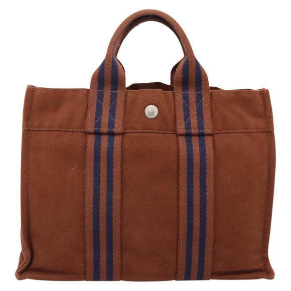 HERMES Fourre Tout PM Hand Bag cotton Brown Silver Auth BA14842