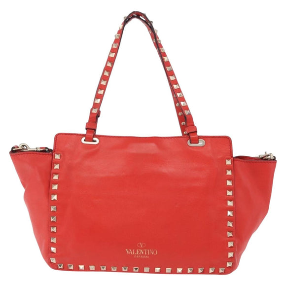 VALENTINO Studs Tote Bag Leather 2way Red Gold Tone Auth BA14871