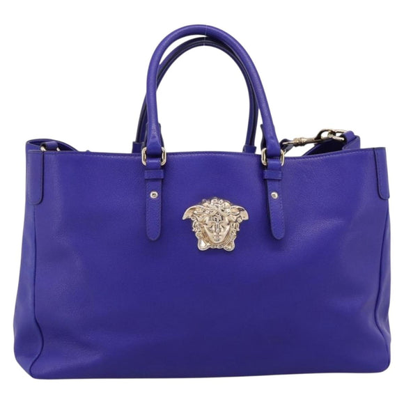 VERSACE Medusa Tote Bag Leather 2way Blue Gold Tone Auth BA14875V