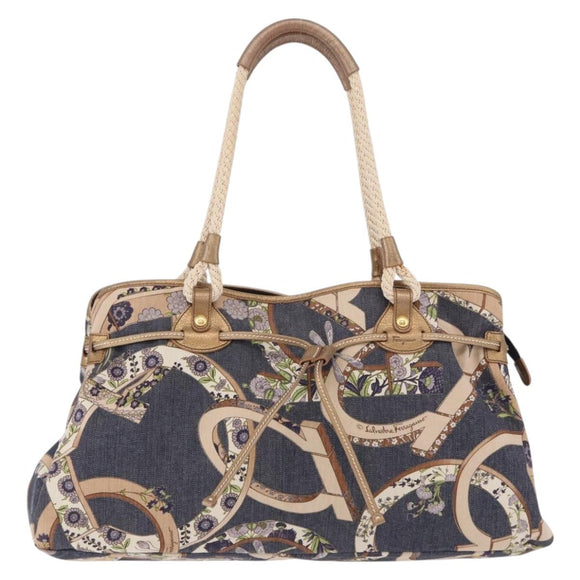 Salvatore Ferragamo Denim Gancini purse Tote Bag Navy Gold Tone Auth BA14886A