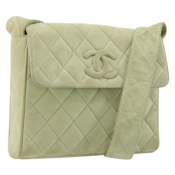 CHANEL Matelasse Shoulder Bag Suede Green Gold Tone CC Auth BA14888A