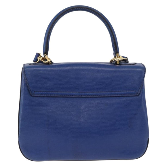 CELINE Circle Hand Bag Leather 2way Blue Gold Tone Auth BA14889A
