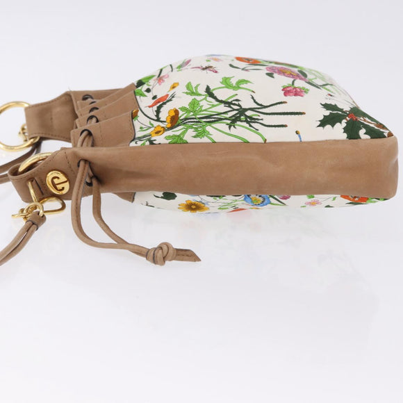 GUCCI Flora Drawstring Shoulder Bag Canvas White Beige Auth BA14894A