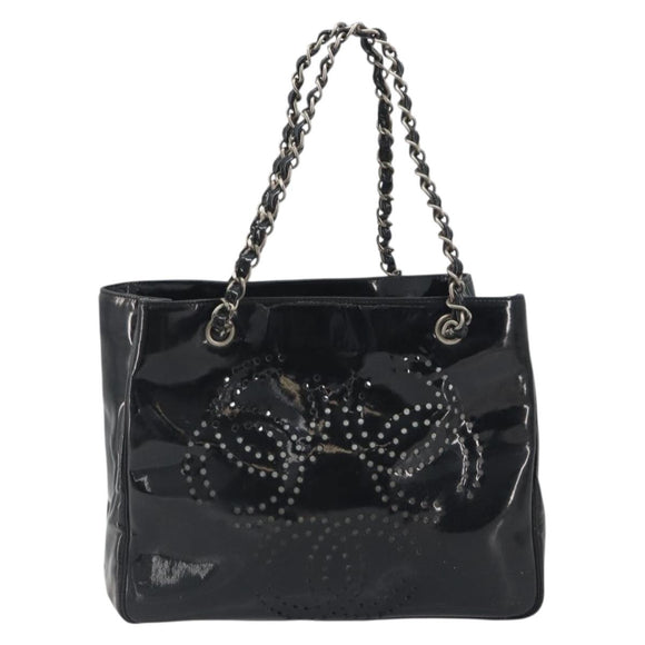 CHANEL Chain Tote Bag Patent Black Silver CC Auth BA14897