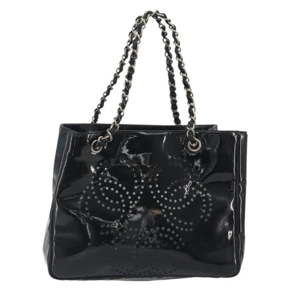 CHANEL Chain Tote Bag Patent Black Silver CC Auth BA14897