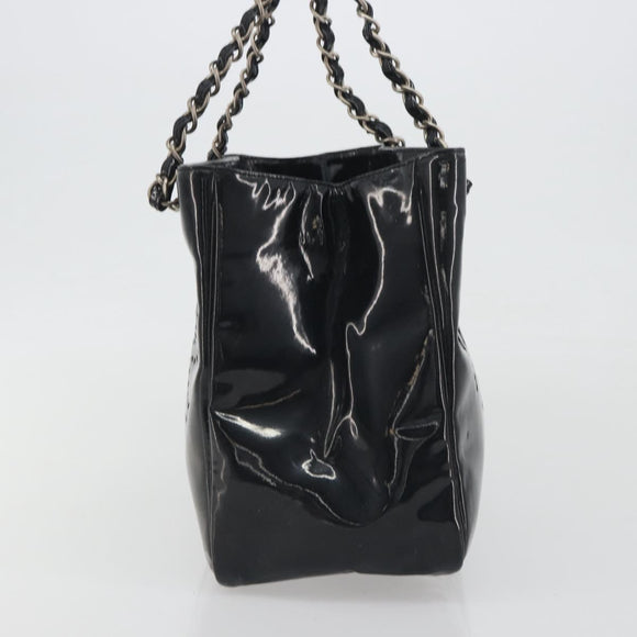 CHANEL Chain Tote Bag Patent Black Silver CC Auth BA14897