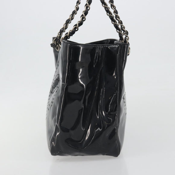 CHANEL Chain Tote Bag Patent Black Silver CC Auth BA14897