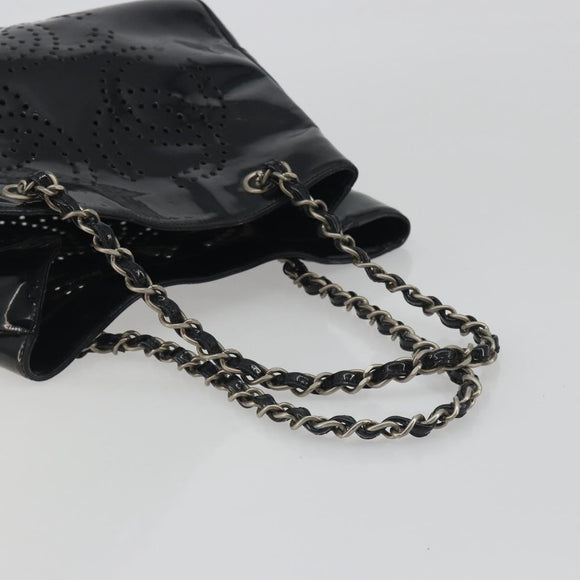 CHANEL Chain Tote Bag Patent Black Silver CC Auth BA14897