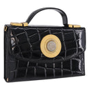 Gianni Versace Medusa Hand Bag Patent Black Gold Tone Auth BA14906A-1