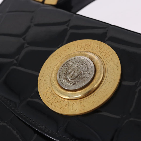 Gianni Versace Medusa Hand Bag Patent Black Gold Tone Auth BA14906A