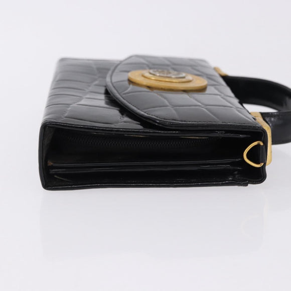 Gianni Versace Medusa Hand Bag Patent Black Gold Tone Auth BA14906A