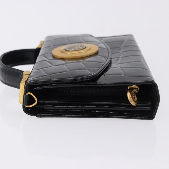 Gianni Versace Medusa Hand Bag Patent Black Gold Tone Auth BA14906A