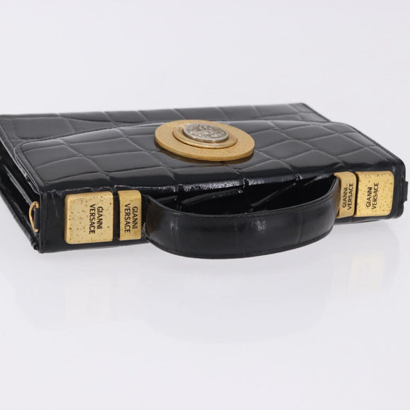Gianni Versace Medusa Hand Bag Patent Black Gold Tone Auth BA14906A