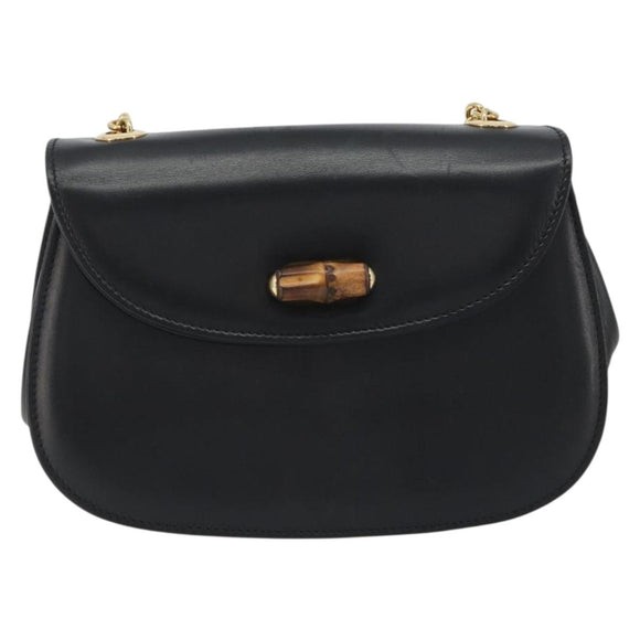 GUCCI Bamboo Chain Shoulder Bag Leather Black Gold 001 115 1497 Auth BA14916