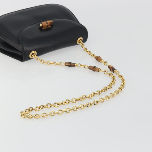GUCCI Bamboo Chain Shoulder Bag Leather Black Gold 001 115 1497 Auth BA14916