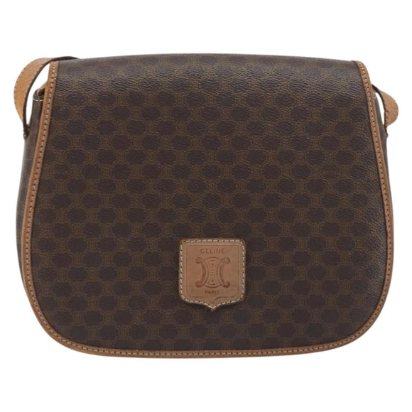 CELINE Macadam Shoulder Bag PVC Leather Brown Gold Tone Auth BA14939