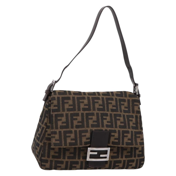FENDI Zucca Canvas Mamma Baguette Shoulder Bag Brown Silver Auth BA14949V